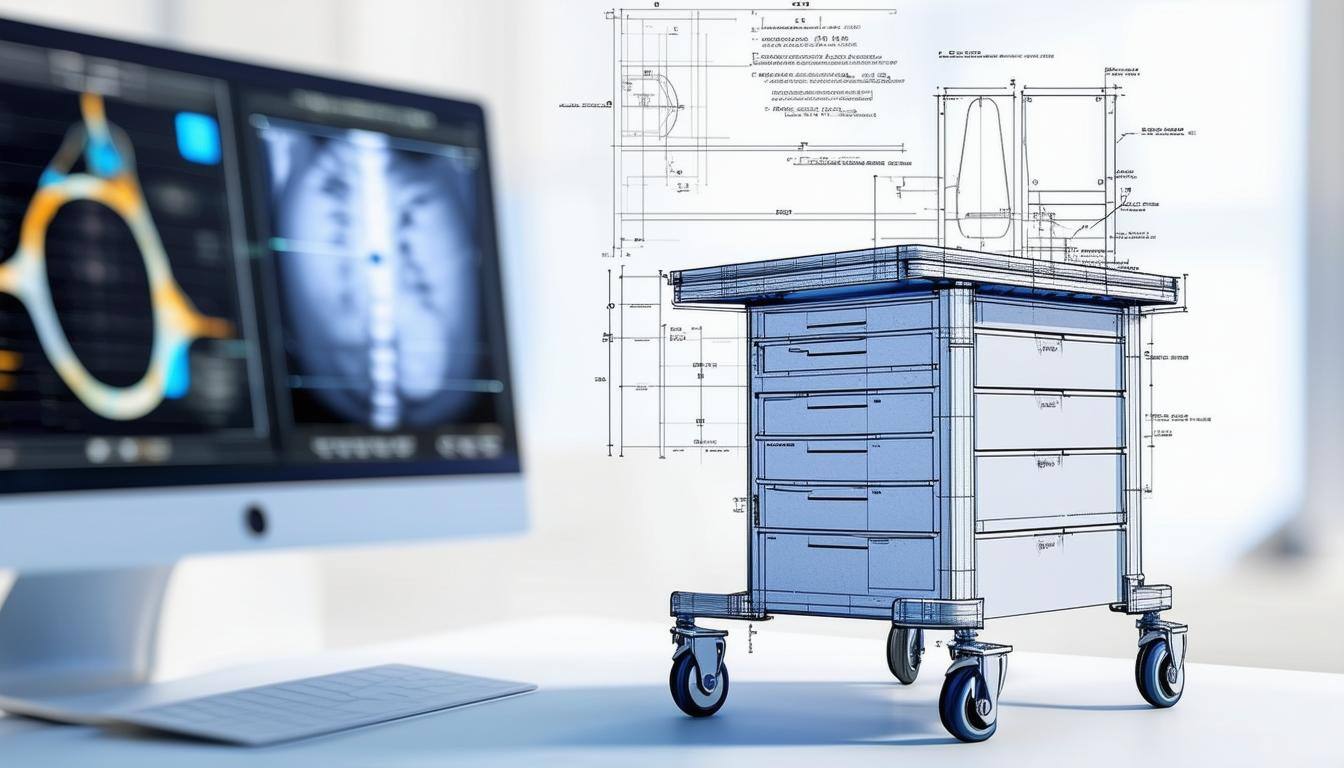 a computer screen in the foreground with technical drawing of a medical cart with casters mounted to it