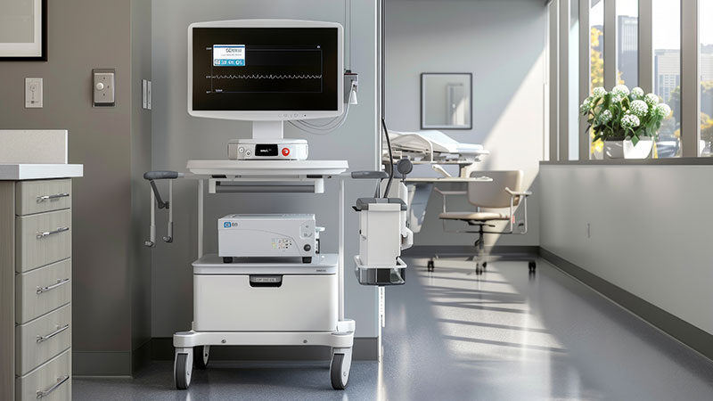 a warmly lit hospital room with a medical cart on wheels in the foreground and a medical bed and chair blurred in the background