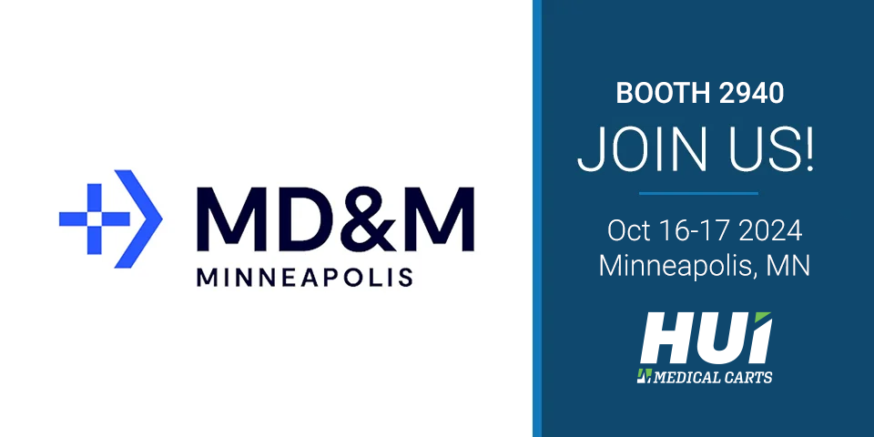 Medical device and manufacturing expo logo over a white box on the left. Blue box on the right with join us and HUI Medical Carts logo