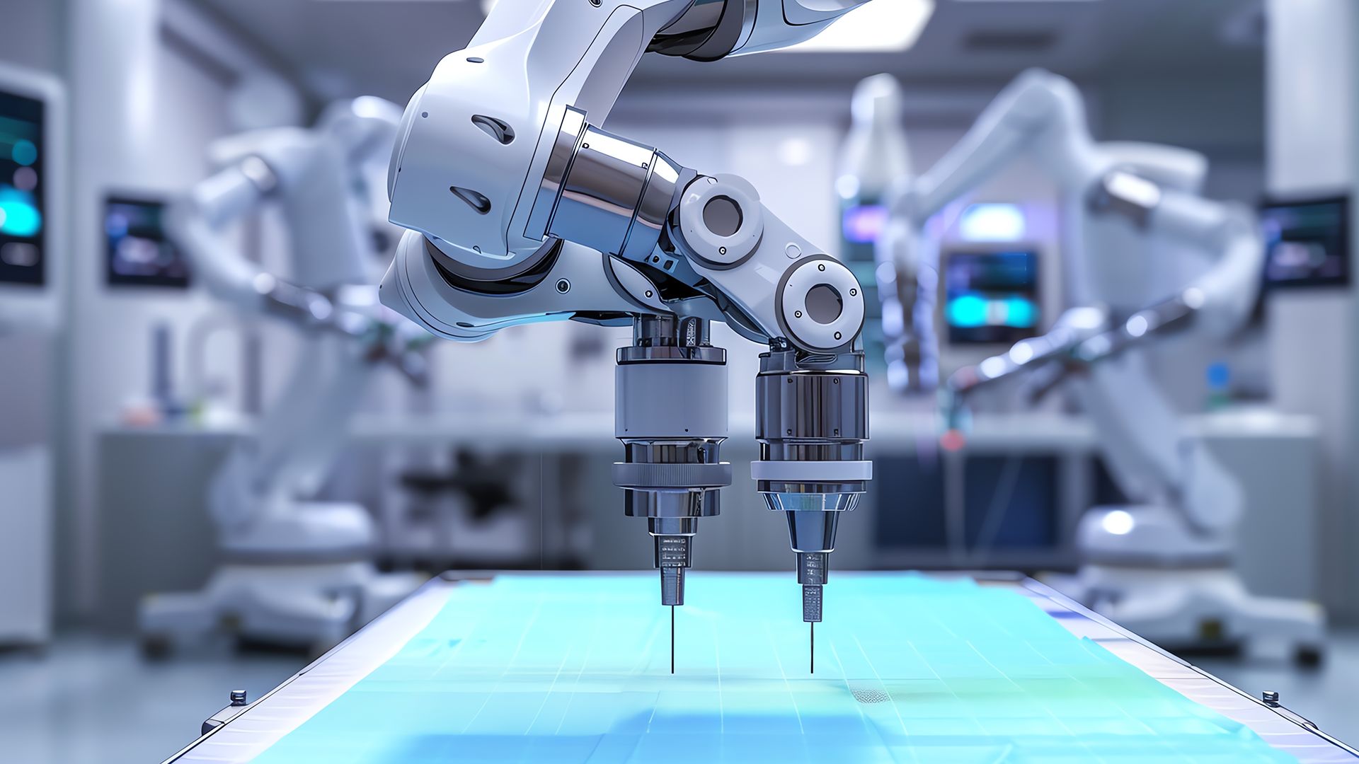 robotic surgical arm over a patient table in the operating room